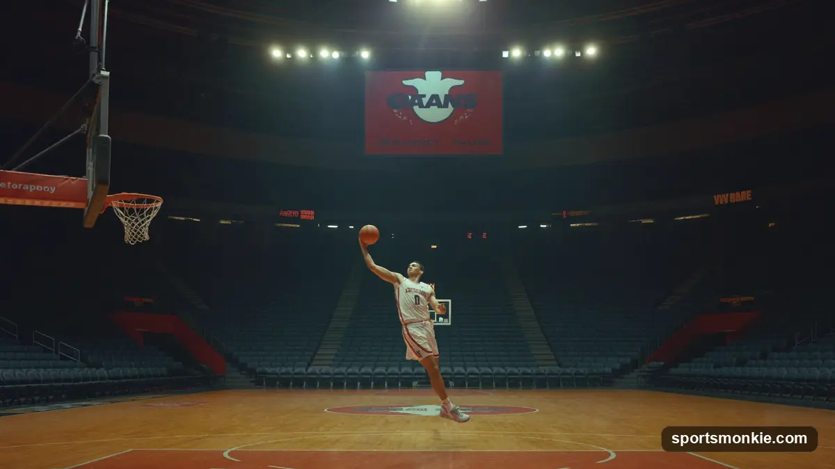 An NBA player signing a contract at a team facility with a jersey nearby