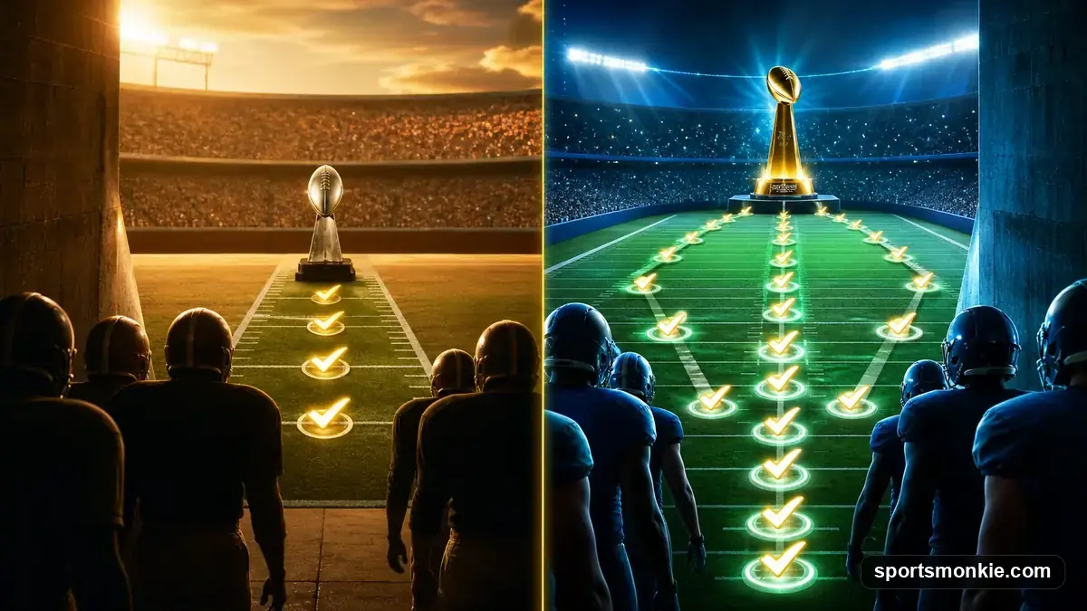 Football scoreboard showing a regular season record next to a playoff bracket, representing two different perfect-season targets