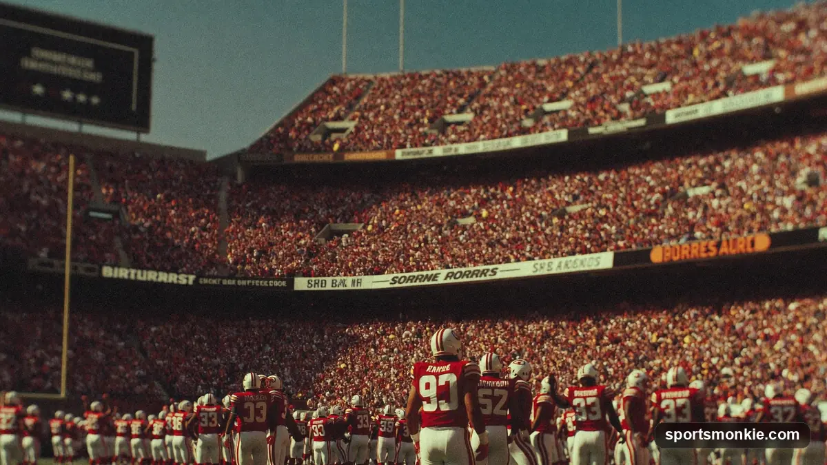 Vintage American football helmet on a grass field with retro stadium in soft focus
