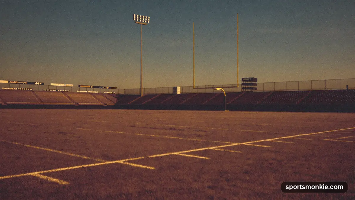 Vintage American football on a sun-bleached field with an old stadium in soft focus