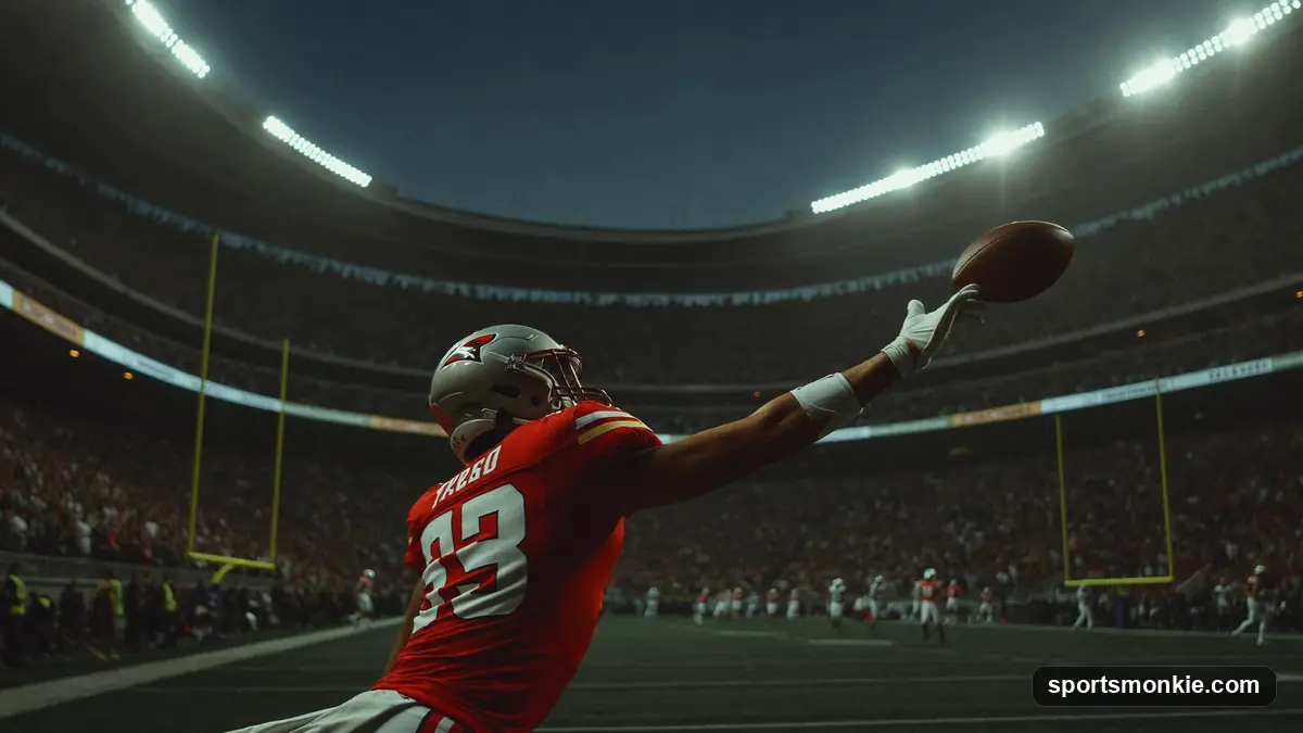 American football spiraling toward the end zone under bright stadium lights