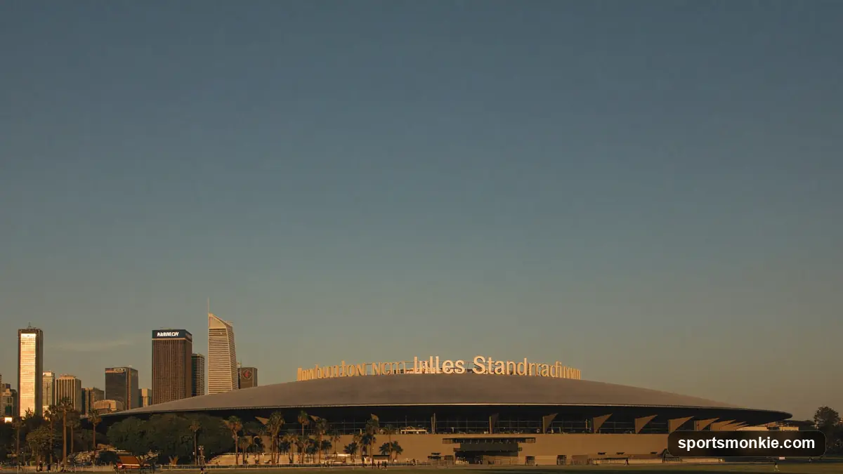 Los Angeles skyline with SoFi Stadium and Olympic venues under a clear sky
