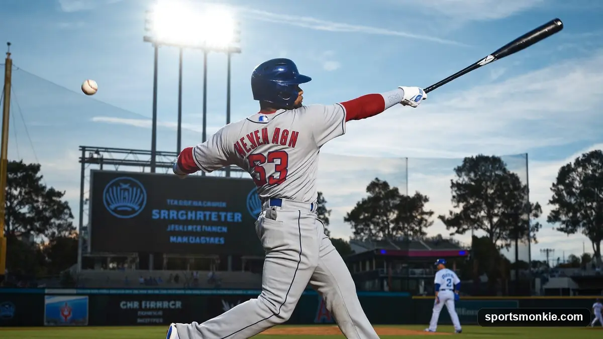 Baseball slugger following through on a home run swing at a packed stadium