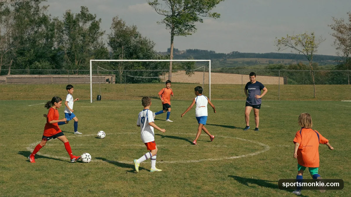 Diagram-style layout of a 7v7 soccer formation showing defenders, midfielders, and a striker on a small-sided field