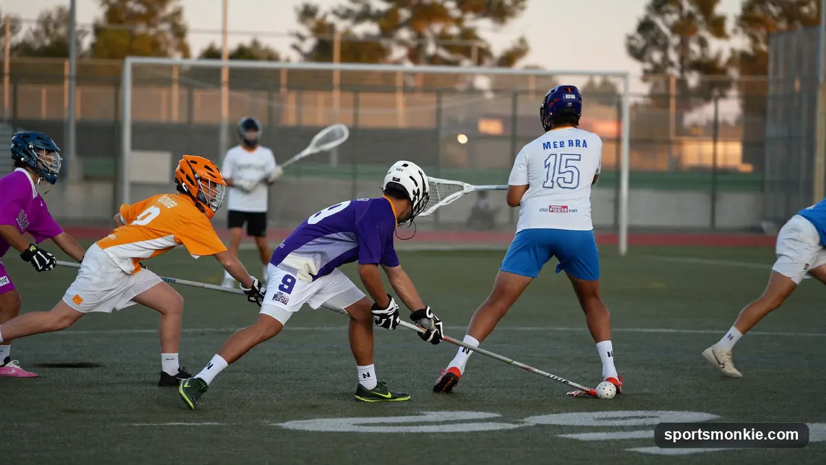 Adult recreational lacrosse players in mixed jerseys battling for a ground ball on a floodlit field at dusk