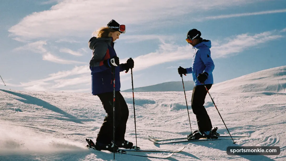 An adult beginner learning to ski with an instructor on a gentle snowy slope