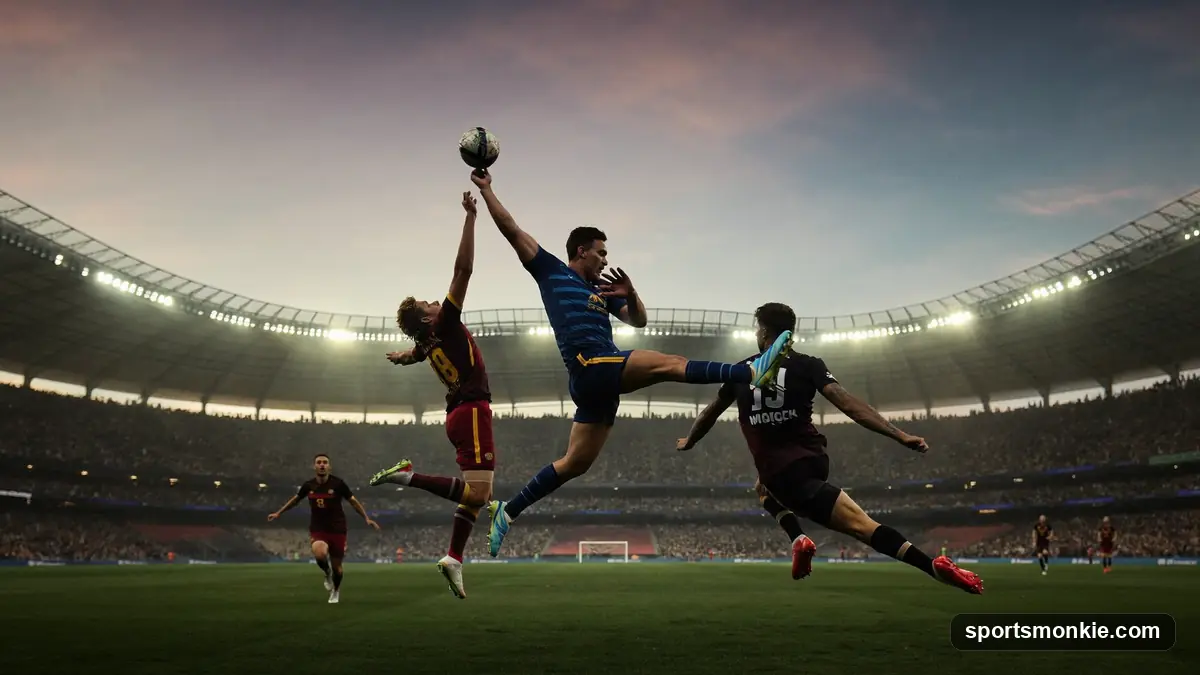 An AFL player leaping to take a high mark above opponents on an oval field