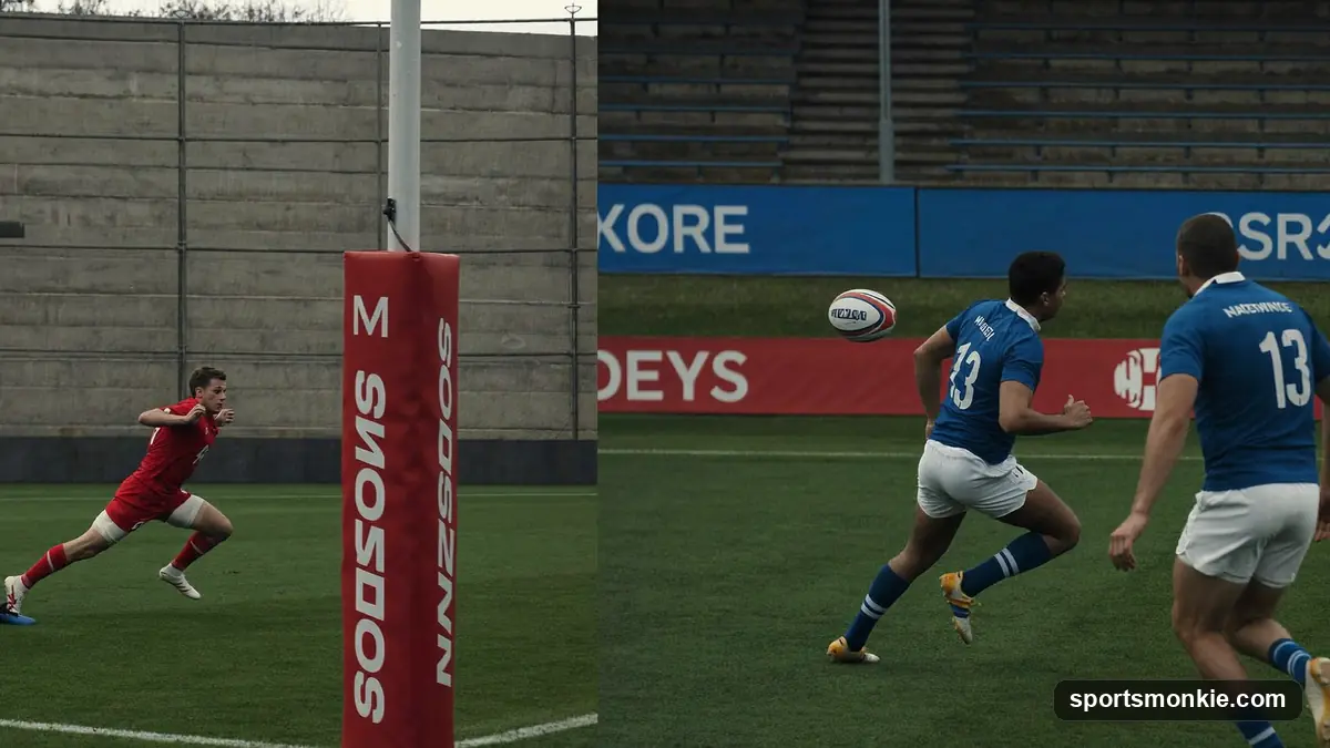 Split image of an AFL player marking on an oval beside rugby players in a tackle