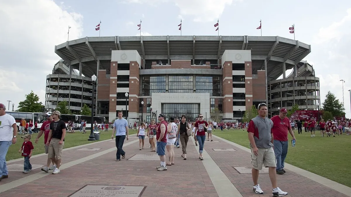 File photo from 17 April 2010 by Carol M. Highsmith: Bryant-Denny Stadium in Tuscaloosa, where Georgia beat Alabama 20-17 on October 10 and a fan shoved Raylen Wilson as the Bulldogs left the field. It does not show the game or the incident.