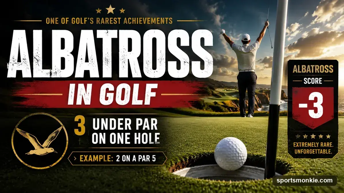 A golf ball dropping into the hole on the green for a rare albatross score