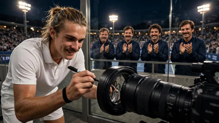 A generic young long-haired tennis player with a prominent moustache signing a courtside TV camera lens while his coaching team, all wearing matching moustaches, applaud from the player box behind him, editorial graphic