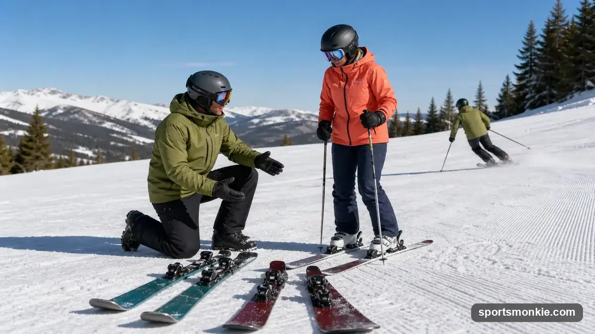 Side-by-side comparison of a wide all-mountain ski and a narrow carving ski standing upright in snow