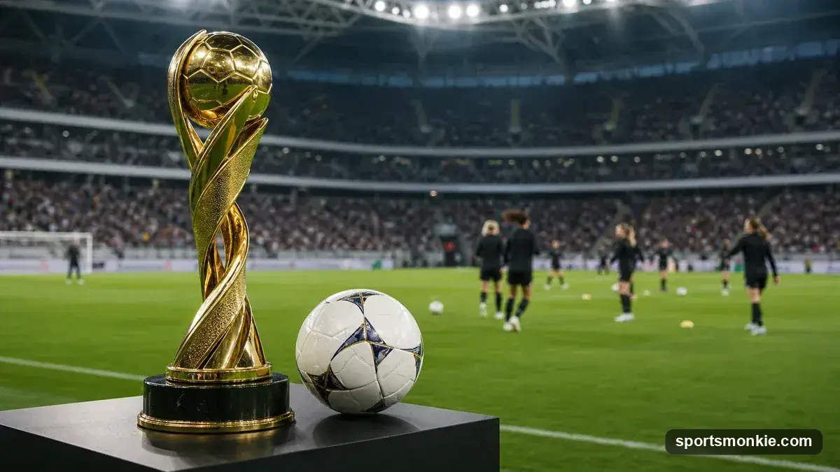The FIFA Women's World Cup trophy on display next to a soccer ball, representing the tournament's history and records