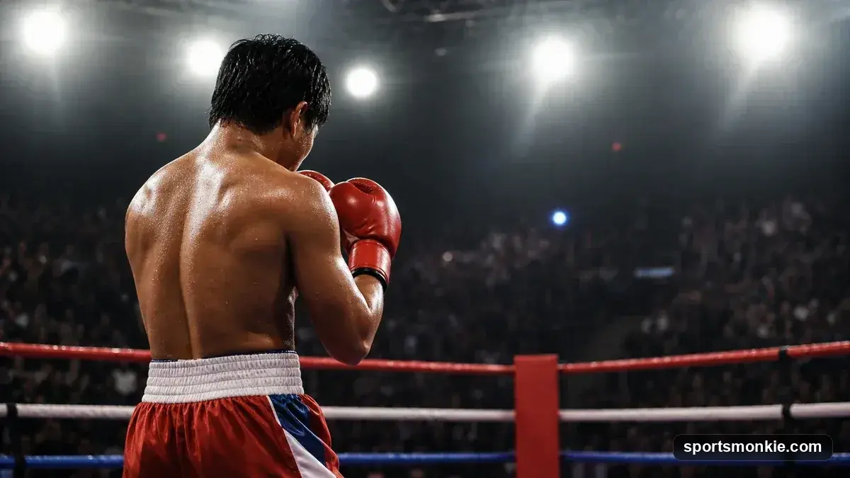 Manny Pacquiao in a boxing stance inside the ring, gloves raised, representing his legendary career