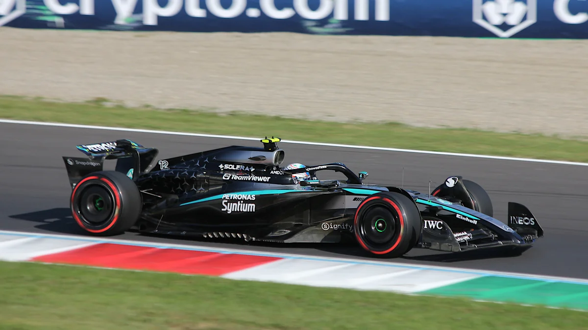 File photo from September 2025: Kimi Antonelli's black Mercedes No. 12 on track at Monza. It was not taken at Austin. Licensed under CC BY 4.0.