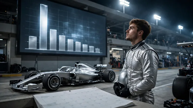 A generic young racing driver in a silver suit beside a silver Formula 1 car under night floodlights, looking up at an abstract standings bar chart where one silver bar towers over the rest, editorial graphic