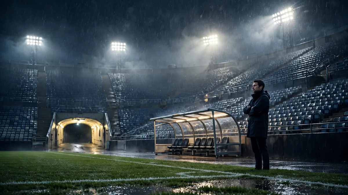 A lone generic football manager in a dark coat standing with arms folded on a wet stadium touchline at night, floodlights cutting through drizzle behind an empty substitutes bench, editorial graphic
