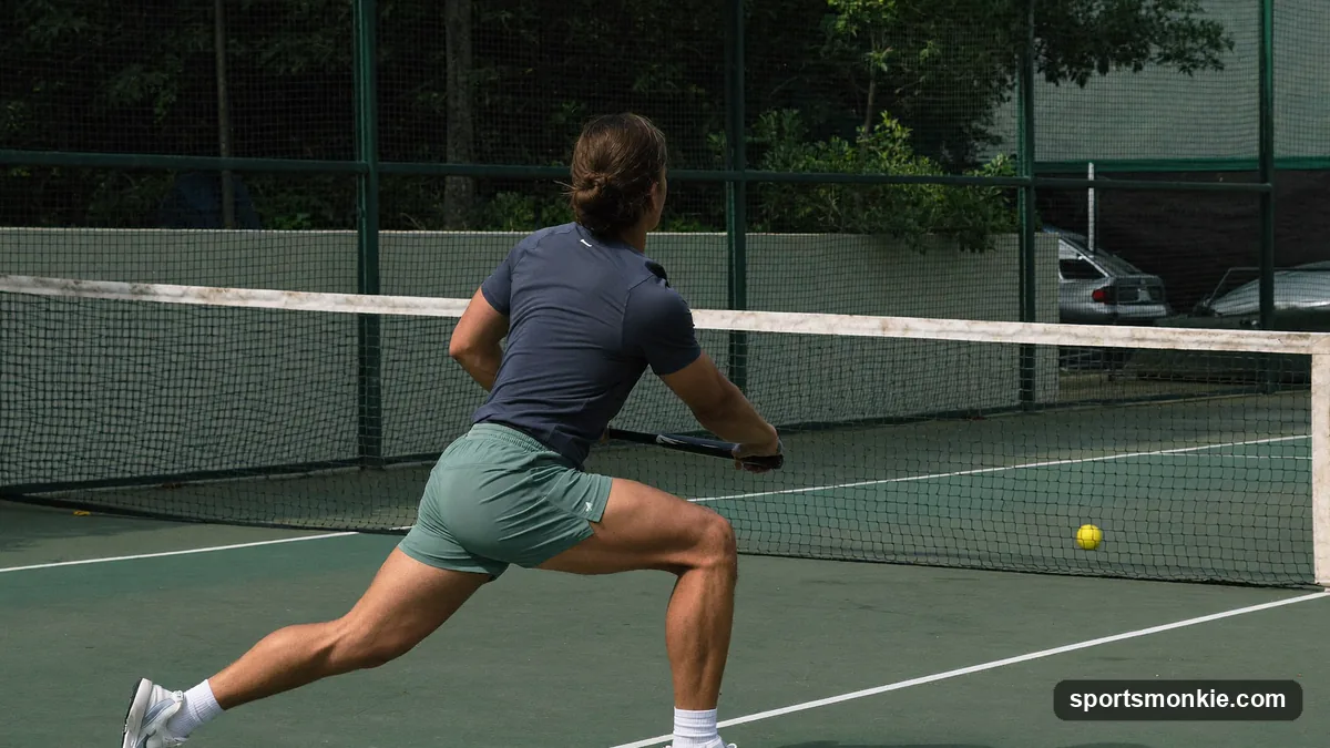 A pickleball player hitting an around-the-post shot outside the net post