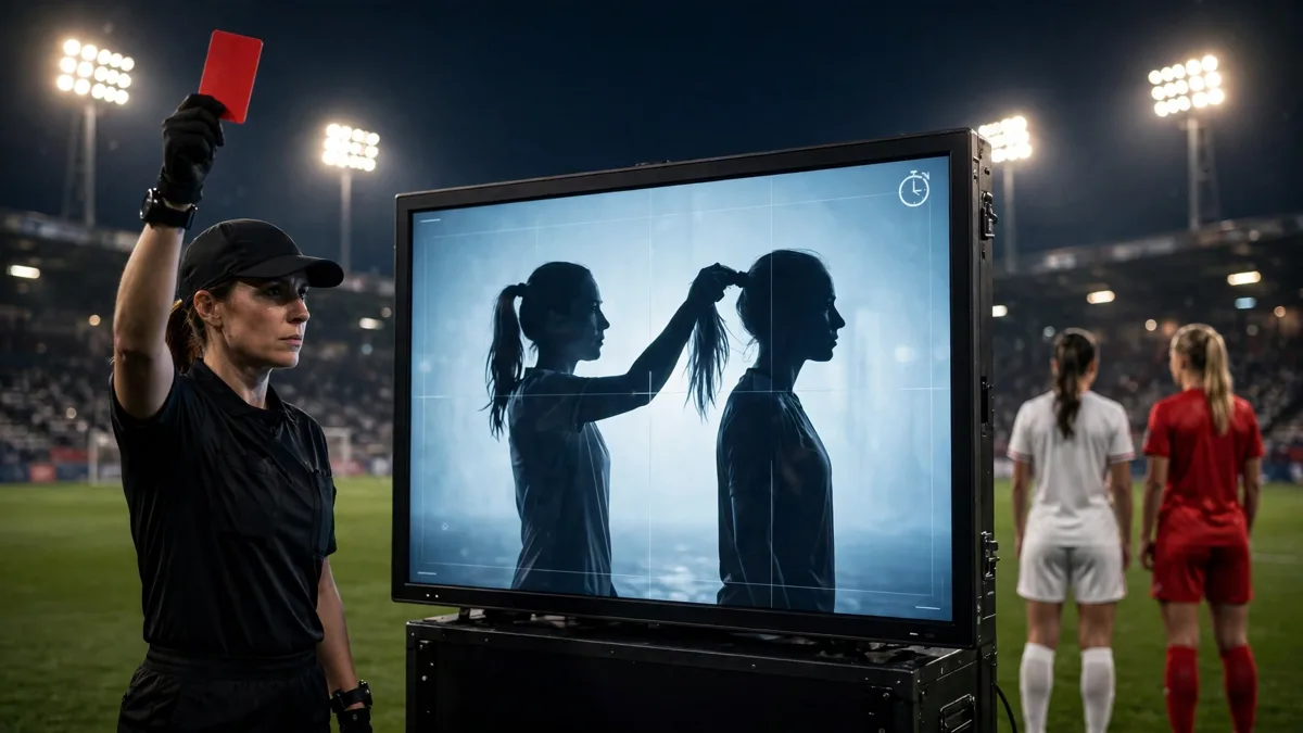 A referee holding up a red card beside a glowing VAR review screen showing a generic player pulling another player's ponytail, two generic women's footballers in plain unbranded kits under floodlights, editorial graphic