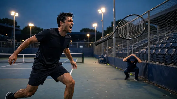 A generic tennis player in plain dark kit shouting in frustration as his racket flies toward the side fence of an outdoor hard court under evening lights, editorial graphic