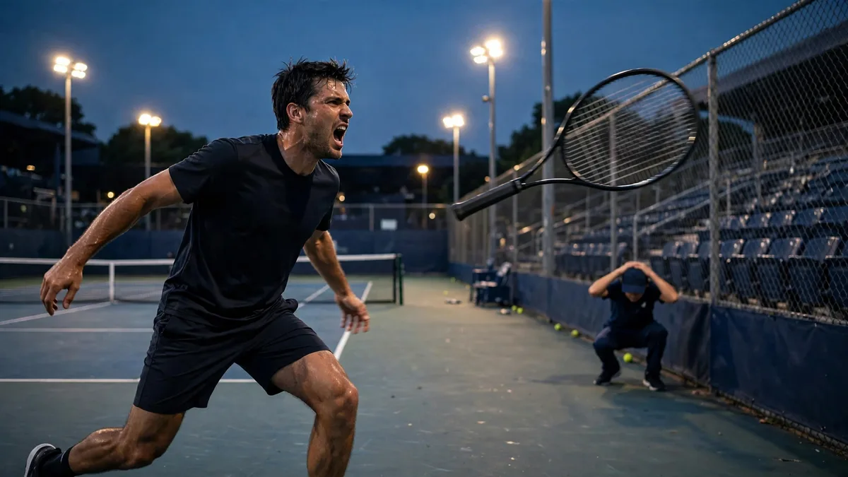 A generic tennis player in plain dark kit shouting in frustration as his racket flies toward the side fence of an outdoor hard court under evening lights, editorial graphic