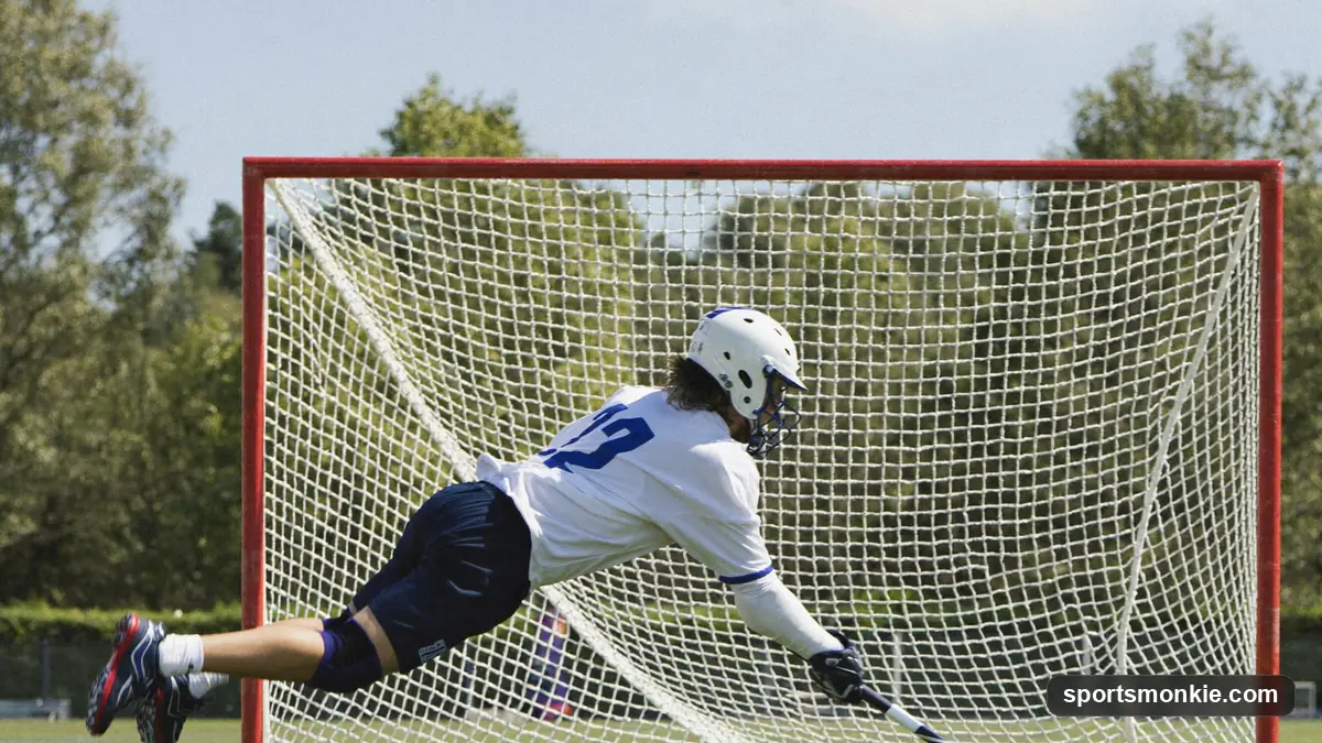 Lacrosse attackman dodging behind the goal with a short stick to set up a scoring chance