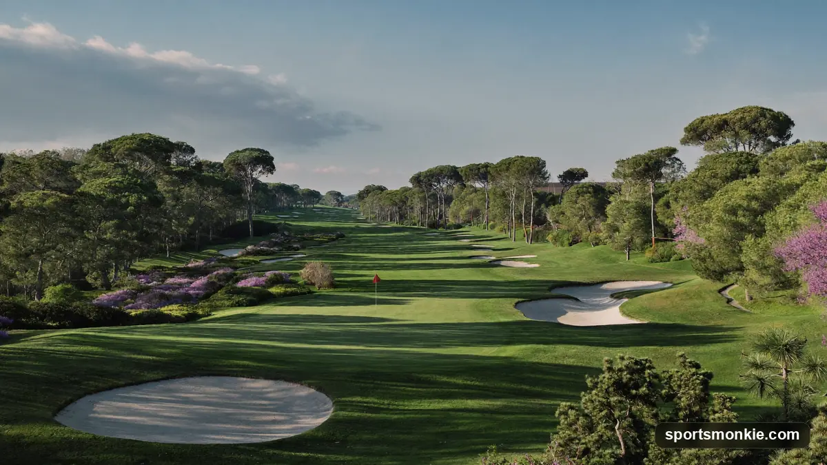 View down a manicured fairway toward the clubhouse at a prestigious private golf club