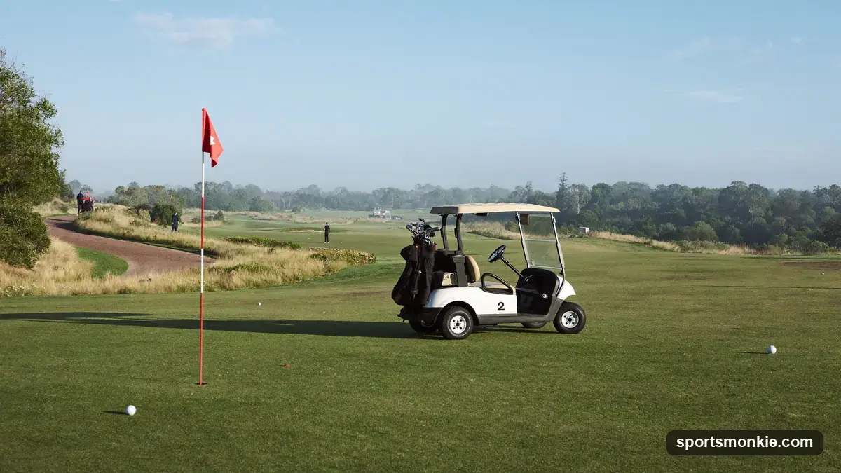 A golfer paying a green fee at a public course pro shop, illustrating the average cost of a round