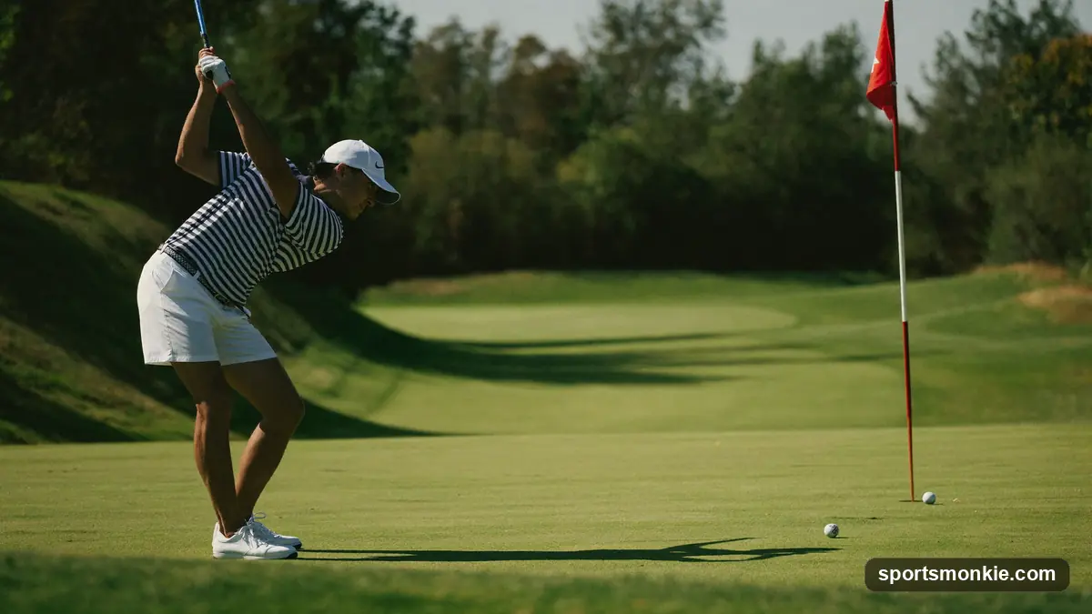 A senior amateur golfer following through on a driver off the tee on a sunlit fairway
