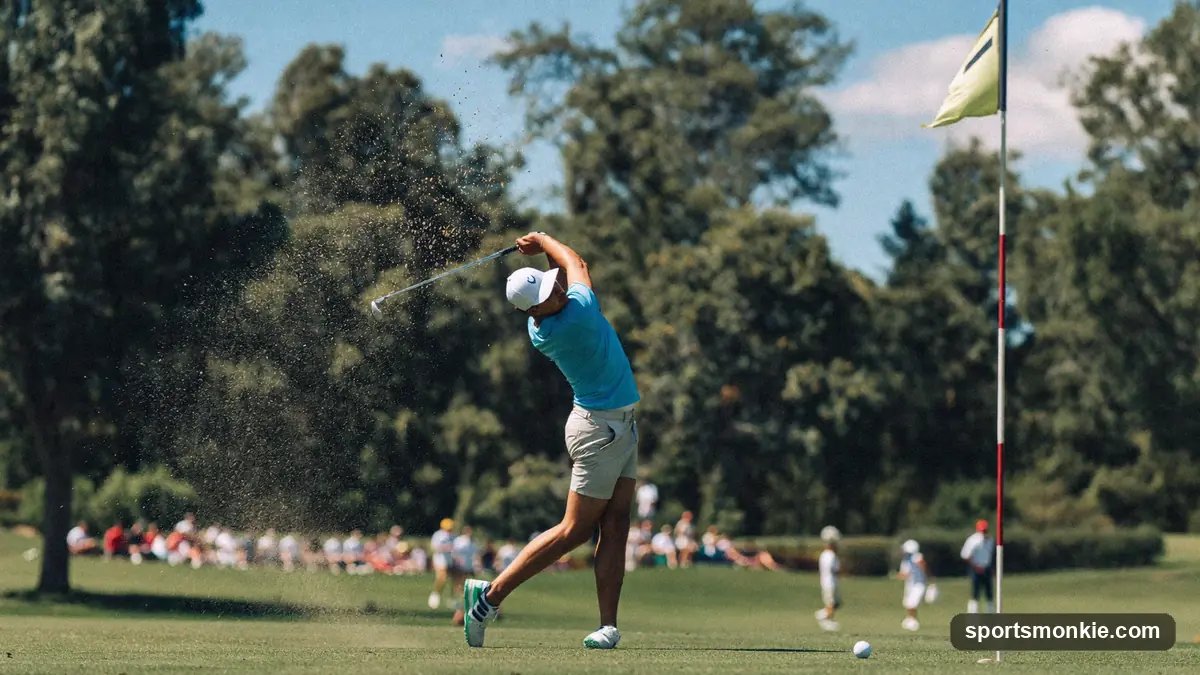 A beginner golfer noting a high score on a scorecard beside a golf cart on a sunny fairway