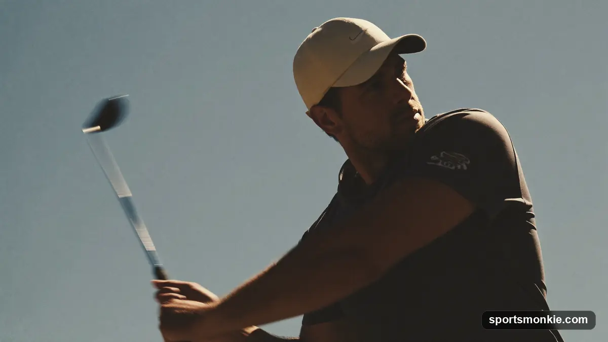 A golfer mid-downswing with the driver, blurred clubhead showing speed, against a bright sky