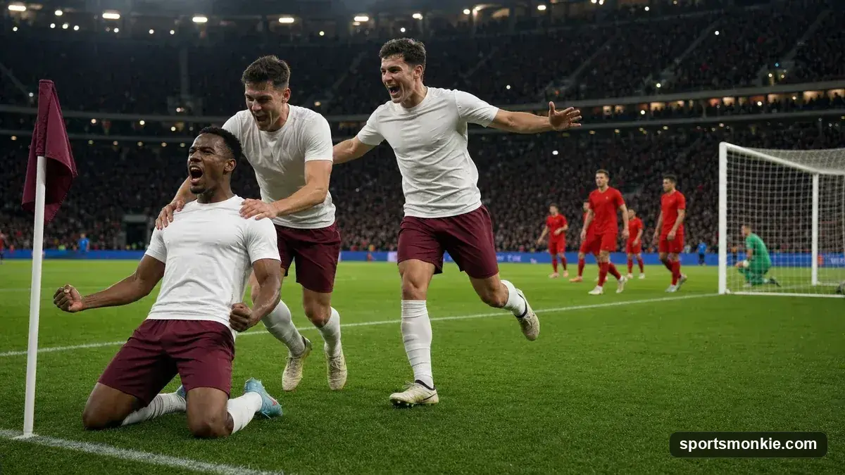 Soccer players celebrating a goal in an away stadium, with a two-leg tie scoreboard visible