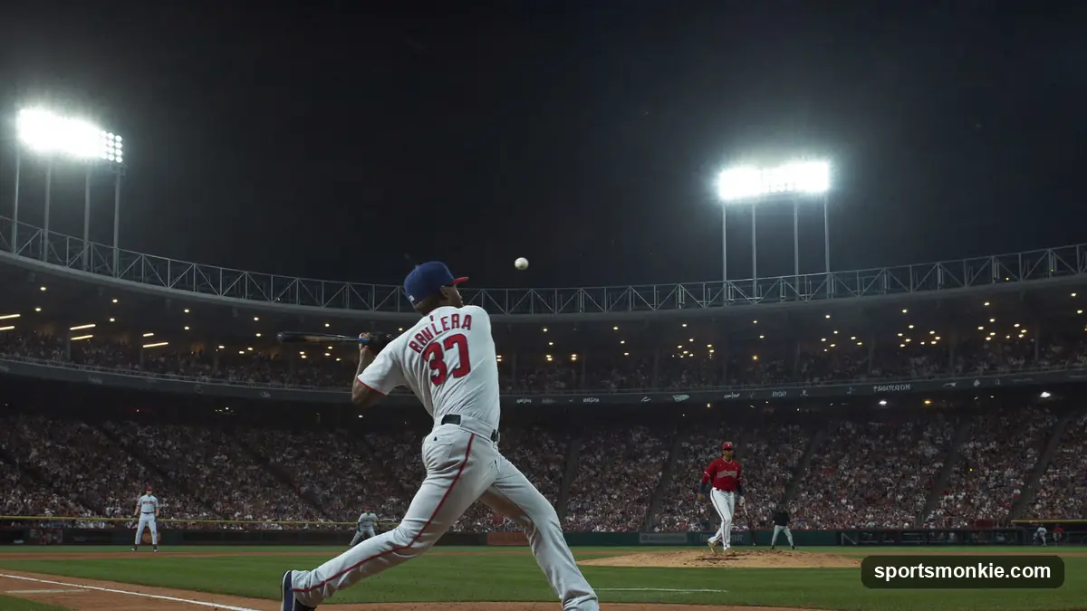A baseball batter making contact and driving a ball into the field of play