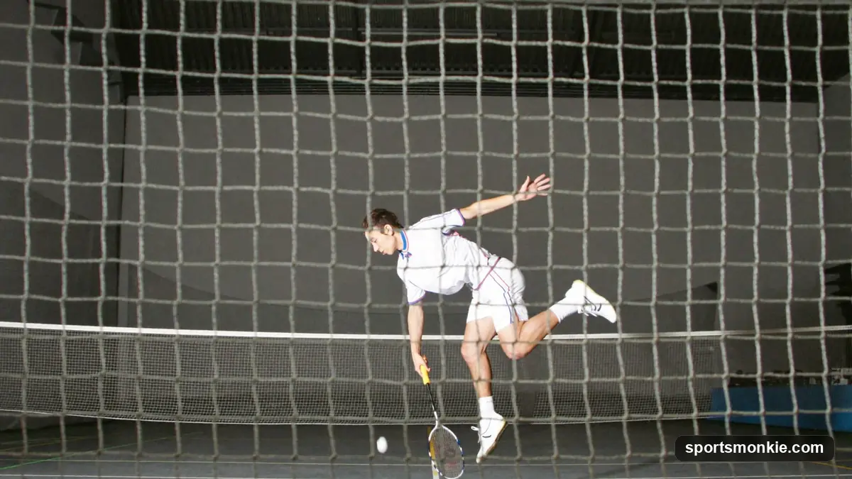 A badminton player serving a shuttlecock across the net on an indoor court
