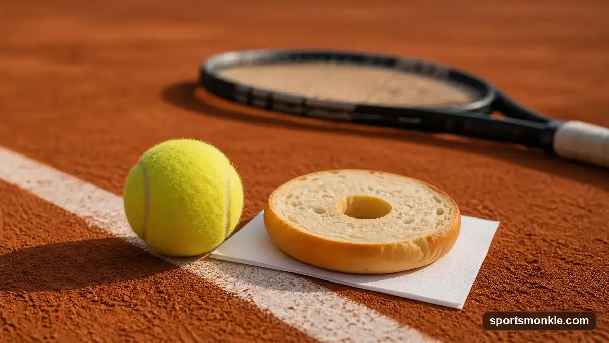 A yellow tennis ball resting on the baseline of a clay court next to a plain bagel, soft morning light — a visual pun on a 6-0 set