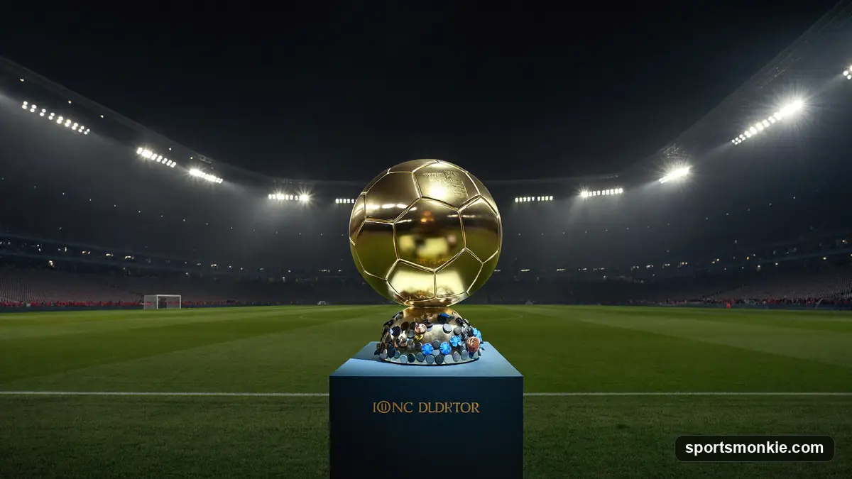 Golden Ballon d'Or football trophy under a spotlight