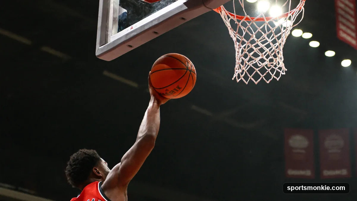 Basketball player shooting a bank shot off the backboard toward the hoop