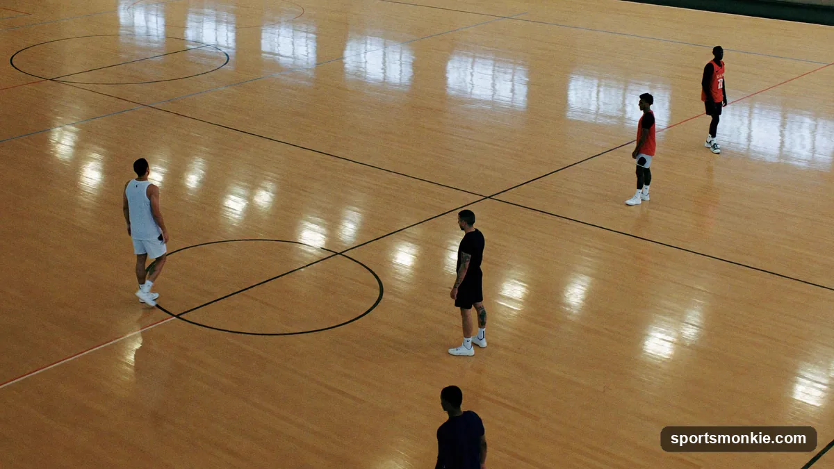 Basketball court diagram labeling the five positions: point guard, shooting guard, small forward, power forward, and center