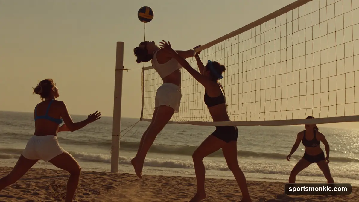 Split scene comparing a two-player beach volleyball match on sand with a six-player indoor court
