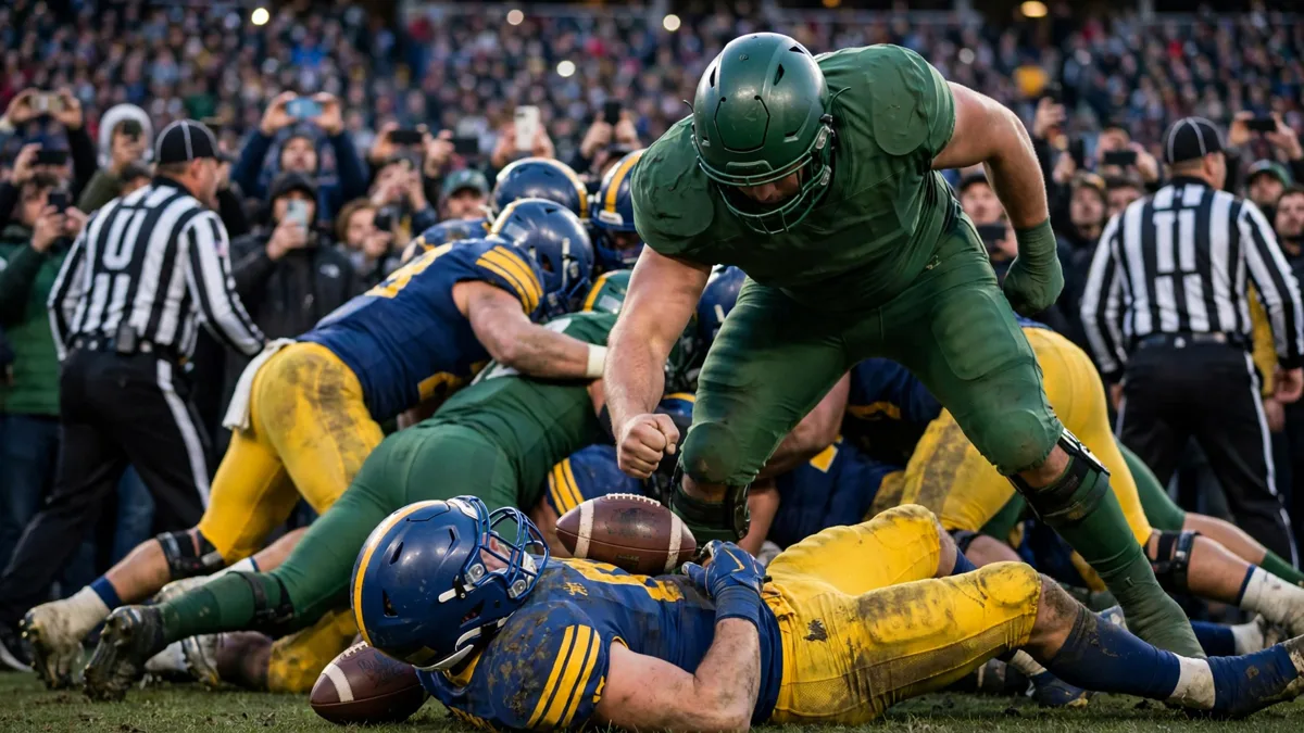 A generic college football quarterback in a plain unbranded kit at the bottom of a tackle pile while a large generic defensive lineman swings a fist toward the ball near his facemask and officials look away, editorial graphic