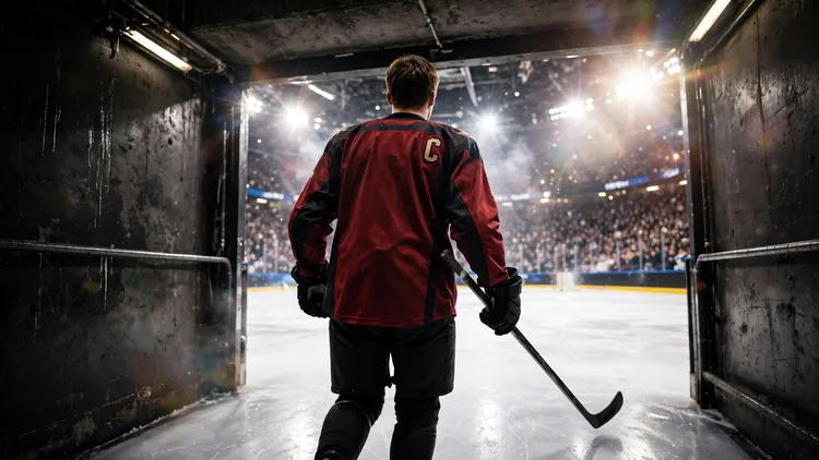 A generic hockey captain seen from behind in a plain dark jersey with a captain's C, stepping from an arena tunnel onto bright ice with his stick in hand, editorial graphic. AI-generated illustration, not the United Center or any real player.