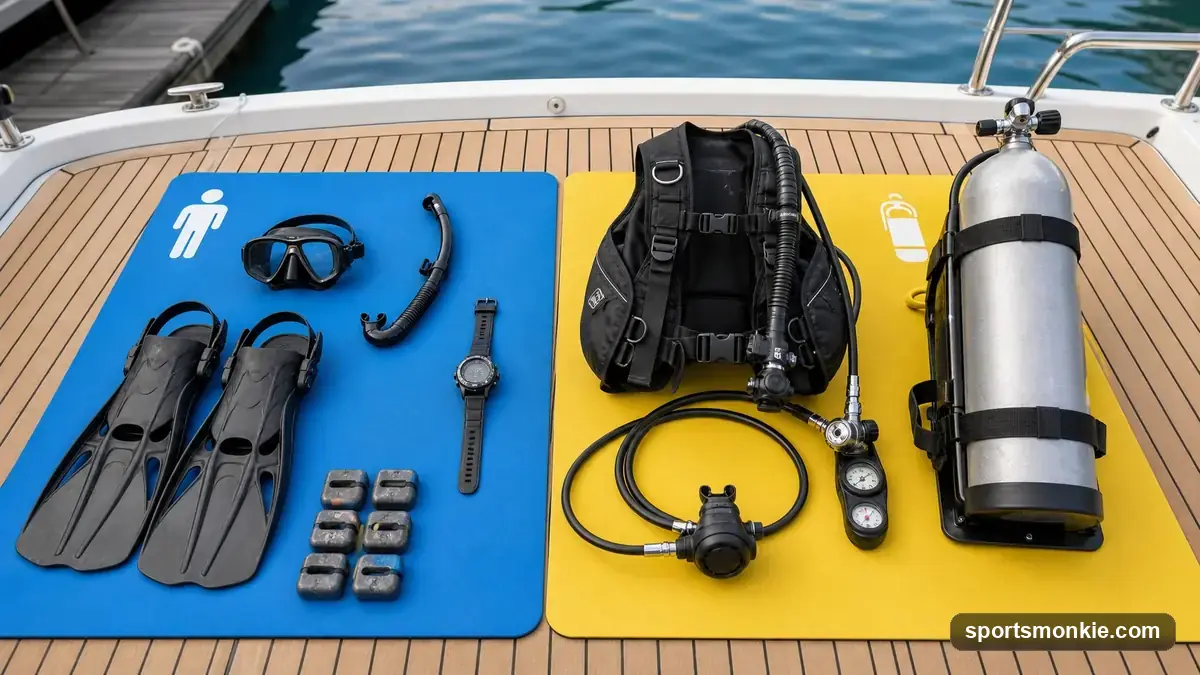 Beginner scuba gear laid out: mask, fins, snorkel, wetsuit, BCD, and regulator