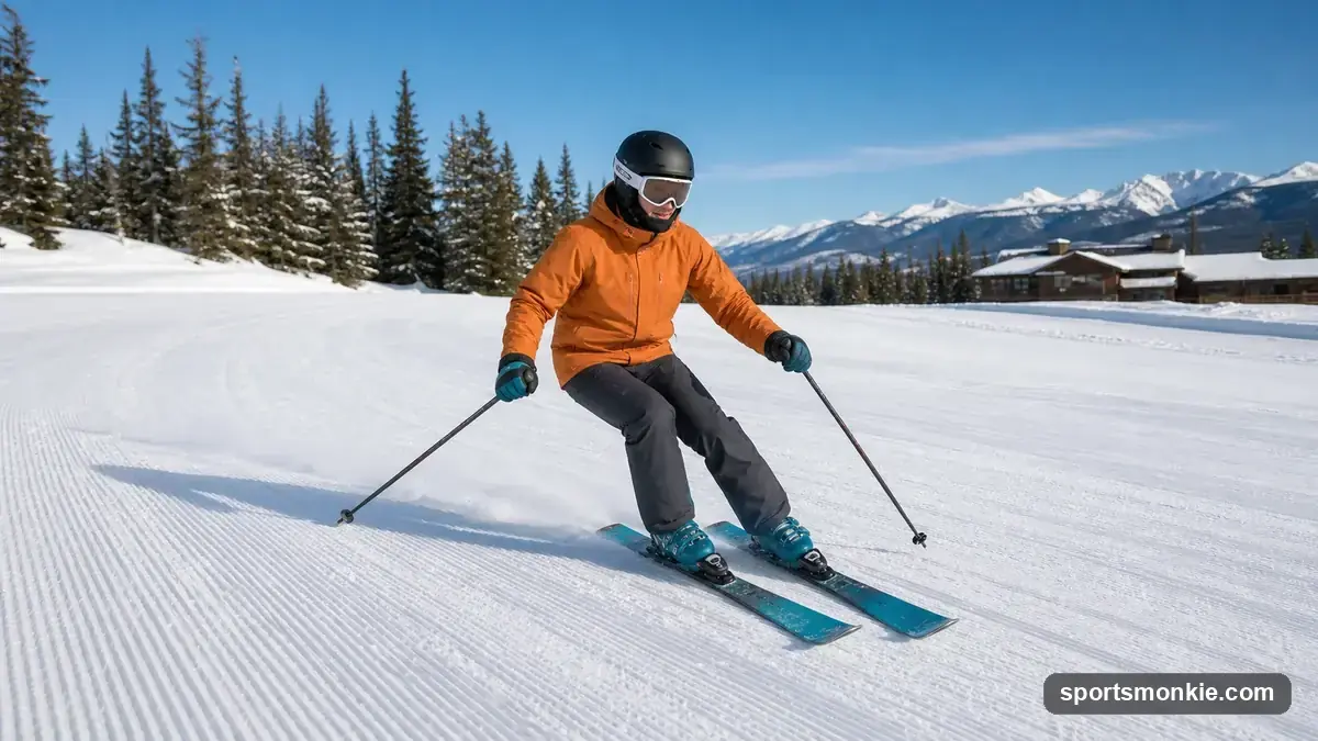 Rental skis, boots, poles and a helmet laid out on a rack at a ski shop for a first-time skier