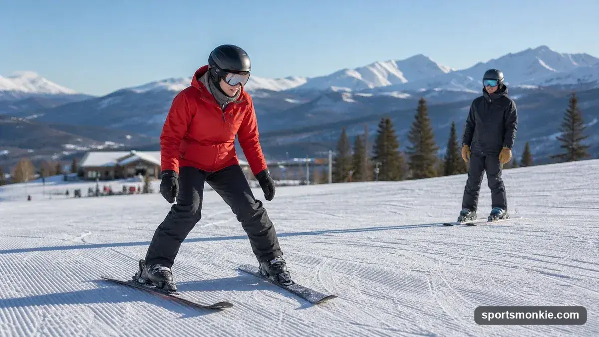 A beginner skier practising the wedge stance on a gentle snow slope at a ski resort