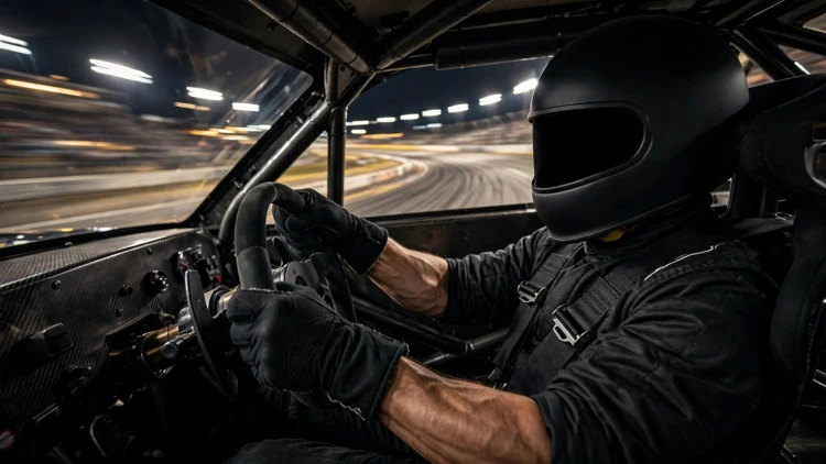 A generic stock car driver in a plain black helmet straining with both hands on a heavy steering wheel inside a cockpit on a banked floodlit speedway at night, editorial graphic