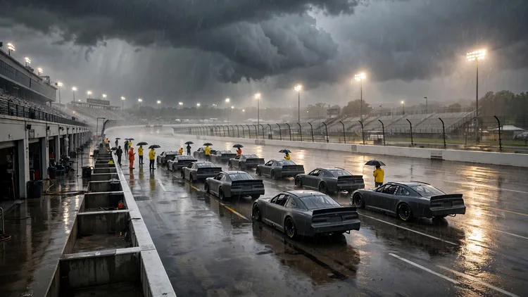 A generic grid of plain unbranded stock cars sitting motionless on a rain-soaked speedway under dark storm clouds while officials in rain gear hold umbrellas beside them, editorial graphic