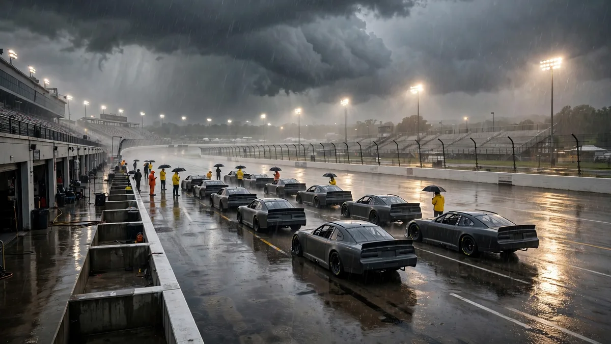 A generic grid of plain unbranded stock cars sitting motionless on a rain-soaked speedway under dark storm clouds while officials in rain gear hold umbrellas beside them, editorial graphic
