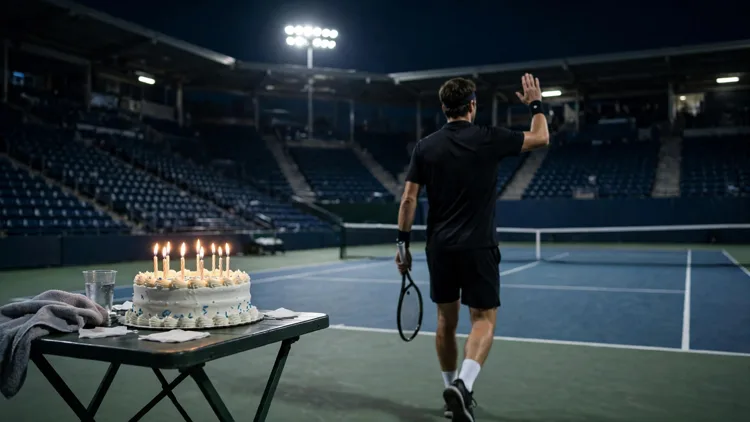 An untouched birthday cake with lit candles on a courtside table in a night tennis stadium, ignored by a generic player in plain black kit walking back to the baseline with a racket, editorial graphic