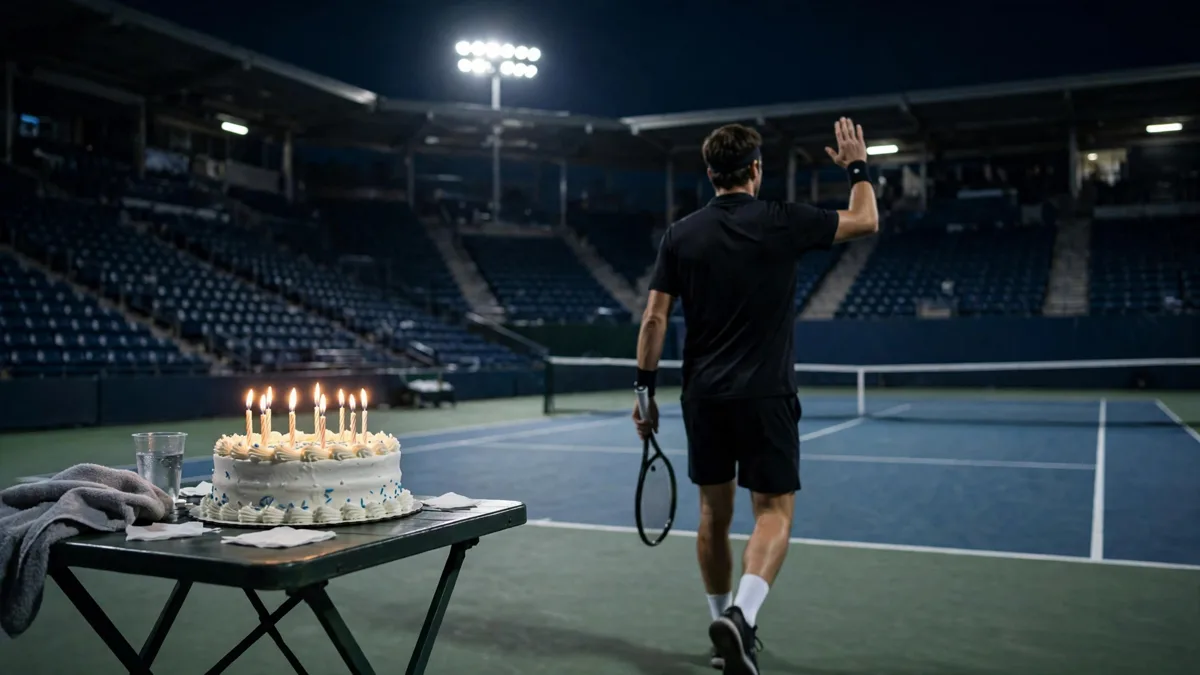 An untouched birthday cake with lit candles on a courtside table in a night tennis stadium, ignored by a generic player in plain black kit walking back to the baseline with a racket, editorial graphic