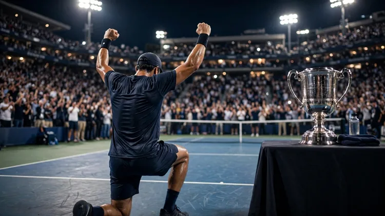 A generic tennis player seen from behind on one knee with both fists raised toward a night-session crowd, a large silver trophy on a table at the side of the court, editorial graphic